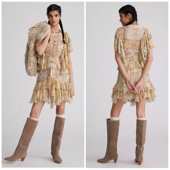 Mes Demoiselles Crook Gold Metallic Ruffle Mini Dress NWOT Cottage core size 10